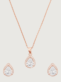 Front View of Zia Drop Pendant Necklace & Stud Earrings in 18k Rose gold plated 925 sterling silver Comfort Fit Gold Plated Sterling Silver 16 cm 4.8gms