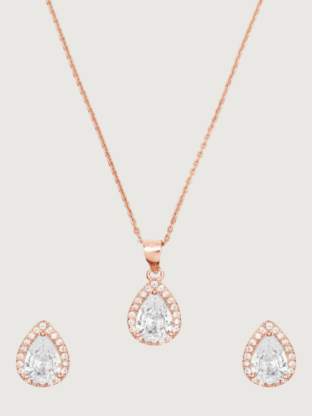 Front View of Zia Drop Pendant Necklace & Stud Earrings in 18k Rose gold plated 925 sterling silver Comfort Fit Gold Plated Sterling Silver 16 cm 4.8gms