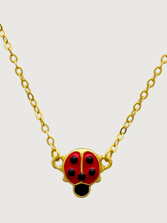 Front View of Little Princess Lady Bug Necklace in 18k Gold plated Sterling Silver Adjustable Length Plated 925 Metal One Size 3.5gms