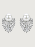 Front View of Evelyn Pearl Stud Earrings in Rhodium Plated Metal Jewelry for Pierced Ears Post / Pin & Push 925 Sterling Silver Stamp Marked Brass 2.5 cm 7.4gms