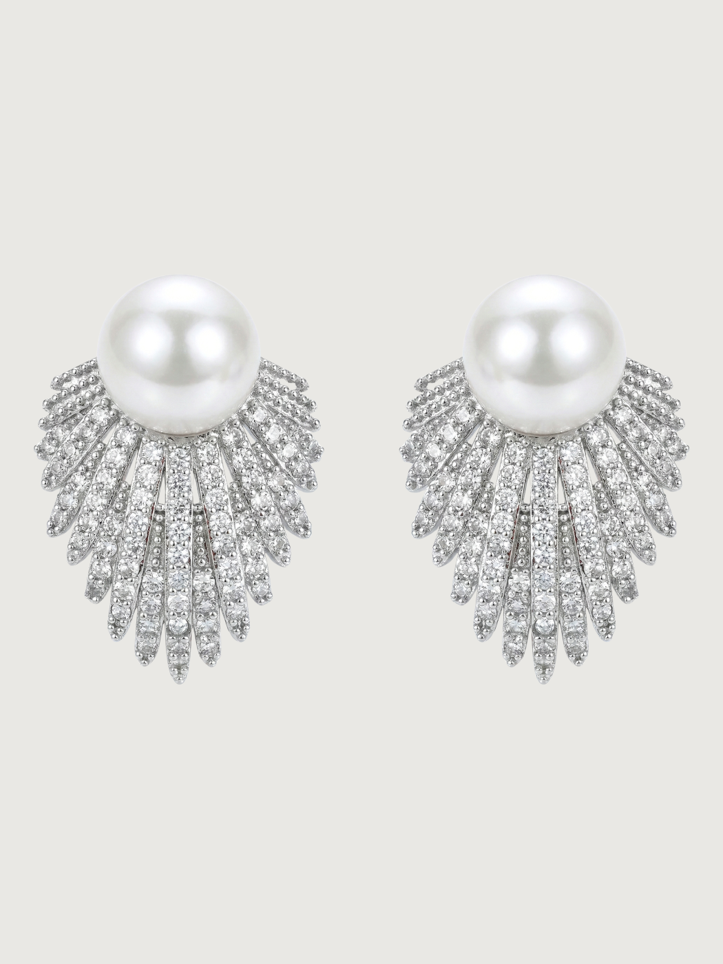 Front View of Evelyn Pearl Stud Earrings in Rhodium Plated Metal Jewelry for Pierced Ears Post / Pin & Push 925 Sterling Silver Stamp Marked Brass 2.5 cm 7.4gms
