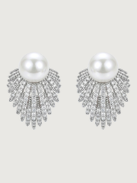 Front View of Evelyn Pearl Stud Earrings in Rhodium Plated Metal Jewelry for Pierced Ears Post / Pin & Push 925 Sterling Silver Stamp Marked Brass 2.5 cm 7.4gms