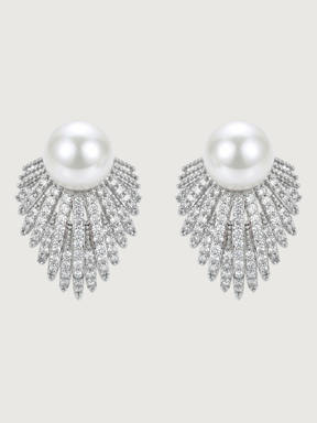 Front View of Evelyn Pearl Stud Earrings in Rhodium Plated Metal Jewelry for Pierced Ears Post / Pin & Push 925 Sterling Silver Stamp Marked Brass 2.5 cm 7.4gms