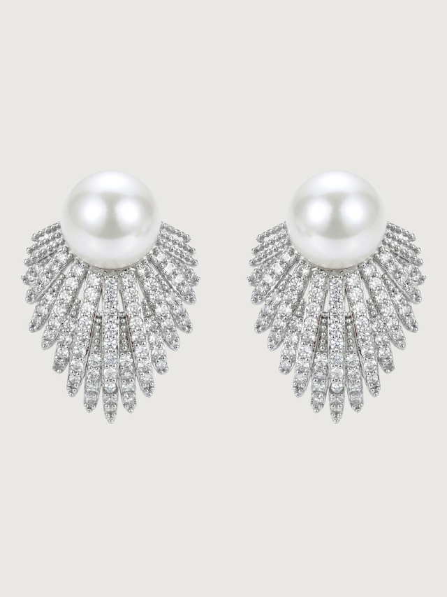 Front View of Evelyn Pearl Stud Earrings in Rhodium Plated Metal Jewelry for Pierced Ears Post / Pin & Push 925 Sterling Silver Stamp Marked Brass 2.5 cm 7.4gms