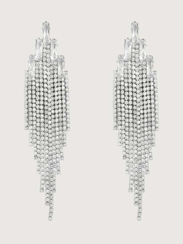 Front View of Elise Waterfall Earrings in Rhodium Plated Metal Jewelry for Pierced Ears Post / Pin & Push 925 Sterling Silver Stamp Marked 13.2gms