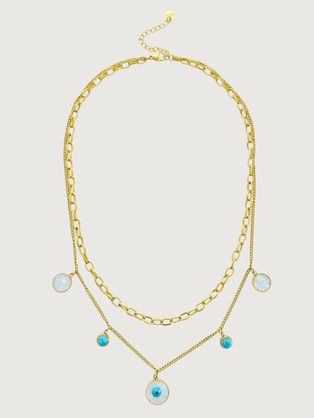 Front View of Gold Aura Evil Eye Layered Necklace in 18k Gold-Plated Metal Adjustable Length Plated Steel | Hypoallergenic Tarnish Resistant Sweat Water Eco - Friendly One Size 14.2gms