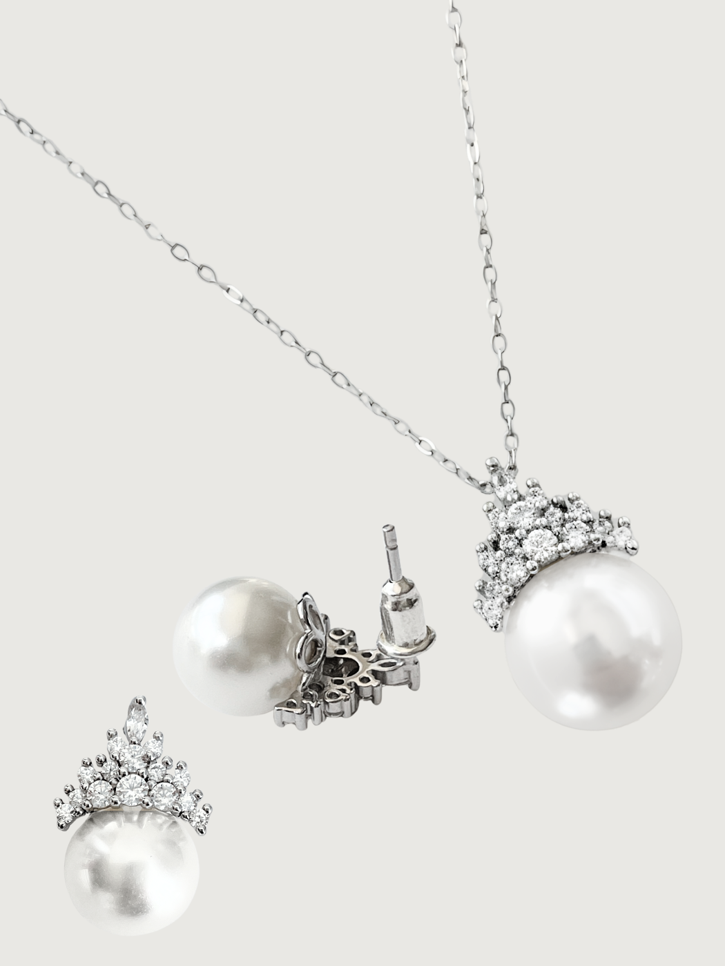 Closeup of Eleanor Pearl Drop Pendant Necklace and Earring Set in 925 Sterling Silver Comfort Fit 16 inches 8.5gms