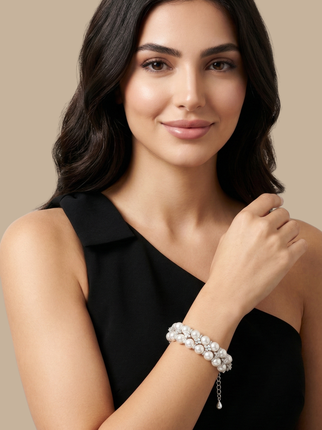 Model Wearing Amelia Pearl Bracelet Adjustable Length 925 Sterling Silver Metal Stone 8.5 inches 37.3gms