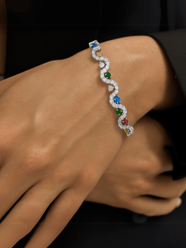Model Wearing Sierra Multicolor Bracelet in Rhodium Plated Metal Comfort Fit Copper 18 cm 13.8gms Mix