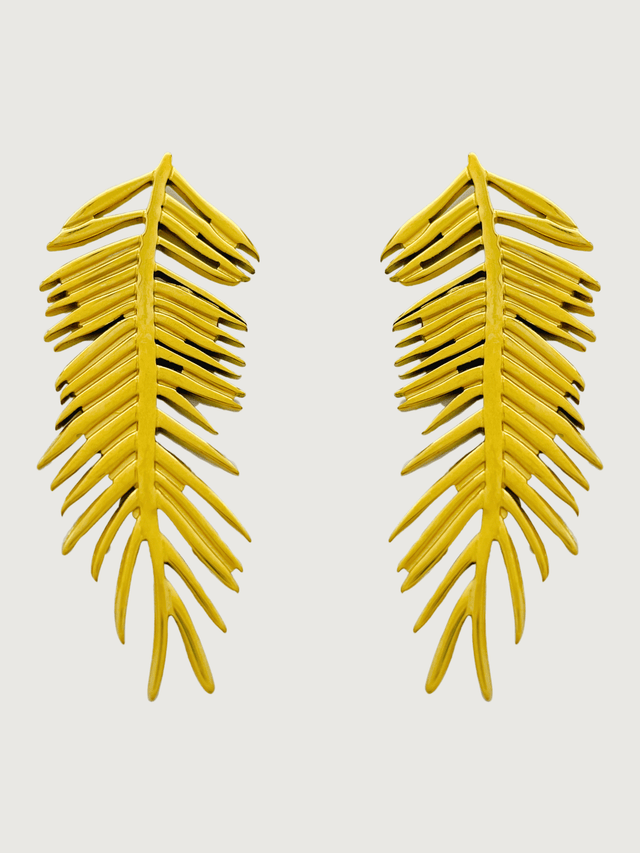 Front View of Palm Leaf Stud Earrings in 18K Gold Plated Metal Jewelry for Pierced Ears 18k Steel | Hypoallergenic Tarnish Resistant Sweat Water Eco - Friendly One Size 16.3gms Stainless