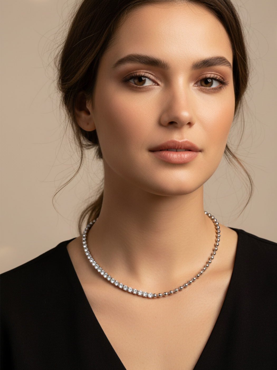 Alternate View of Model Wearing Sarah Waterproof Tennis Necklace Adjustable Length Rhodium Plated | Tarnish Resistant Steel Water Hypoallergenic Sweat Durable Jewelry Metal Eco - Friendly One Size 7.3gms Sterling Silver