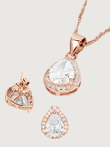 Closeup of Zia Drop Pendant Necklace & Stud Earrings in 18k Rose gold plated 925 sterling silver Comfort Fit Gold Plated Sterling Silver 16 cm 4.8gms