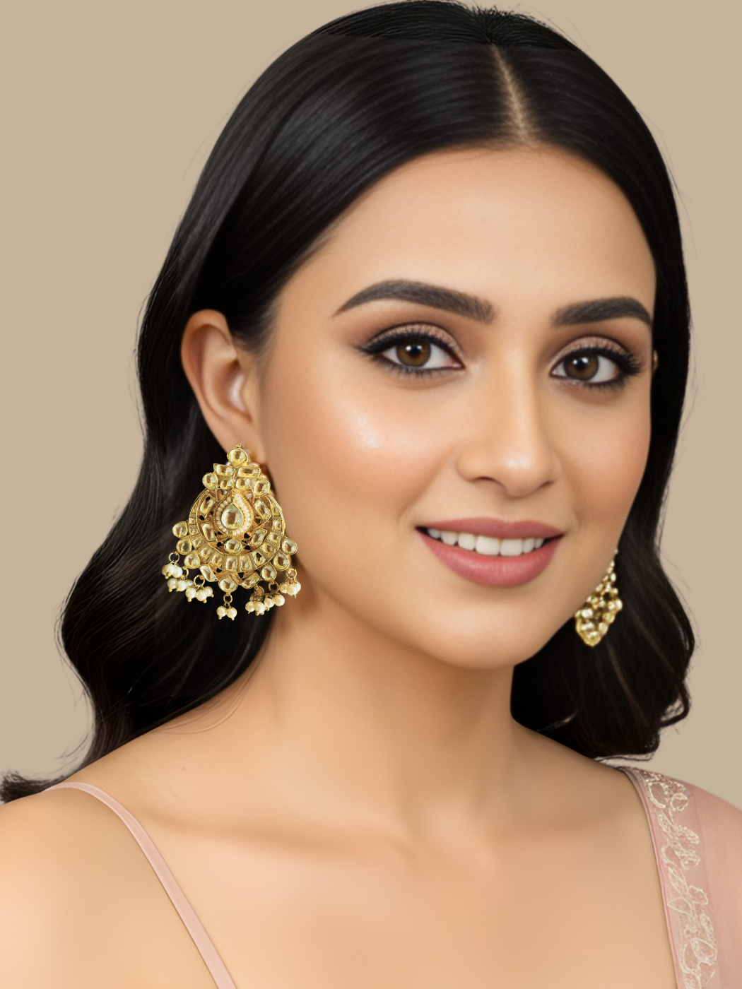 Alternate View of Model Wearing Diya Pearl Stud Earrings Jewelry for Pierced Ears Gold Plated Brass Metal Stone One Size 40.5gms