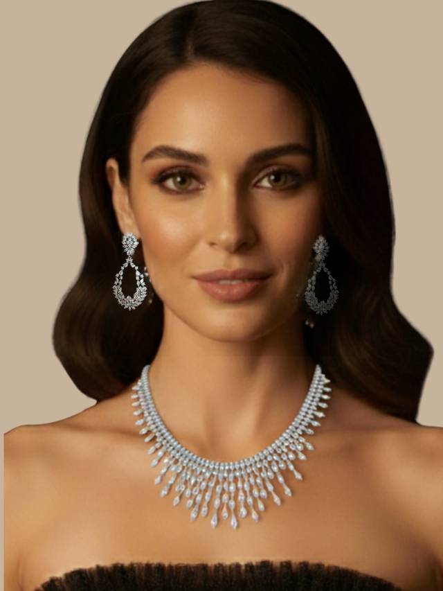 Model Wearing Kaia Necklace Set With Earrings And Bracelet in Rhodium Plated Metal Comfort Fit Copper One Size 67.7gms Mix