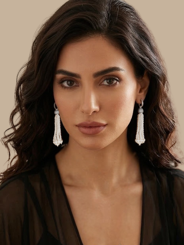 Model Wearing Selina Pearl Tassel Earrings Jewelry for Pierced Ears 925 Sterling Silver Rhodium Plated Brass 3 inches 27.6gms