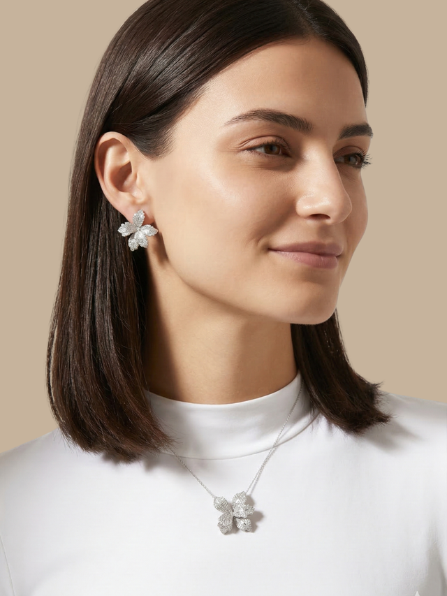 Alternate View of Model Wearing Orchid Bloom Pendant Necklace Comfort Fit 925 Sterling Silver Chain Rhodium Plated Brass One Size 5.8gms