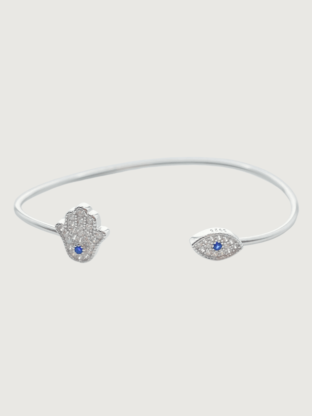 Front View of Amani Hamsa and Evil Eye Bangle in 925 Sterling Silver Comfort Fit Metal 16 cm 2.6gms