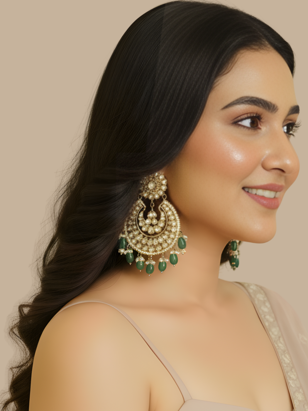 Alternate View of Model Wearing Vaanya Green Onyx Beaded Chandbali Earrings Jewelry for Pierced Ears Gold Plated Copper Metal Stone One Size 74.5gms Brass