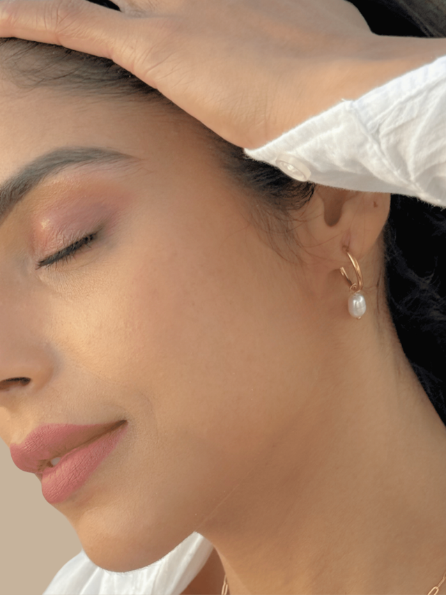 Model Wearing Jenna Pearl Hoop Earrings Jewelry for Pierced Ears 18k Gold Plated Steel | Hypoallergenic Tarnish Resistant Sweat Water Eco - Friendly One Size 3.2gms