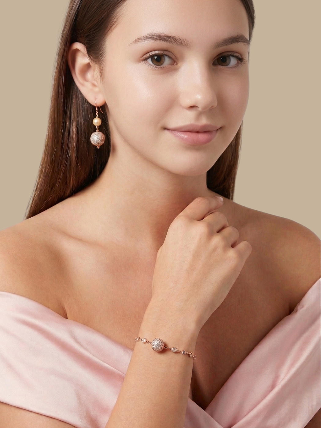 Model Wearing Lara Pearl Dangle Earrings Jewelry for Pierced Ears 18k Rose Gold Plated 925 Sterling Silver One Size 8gms