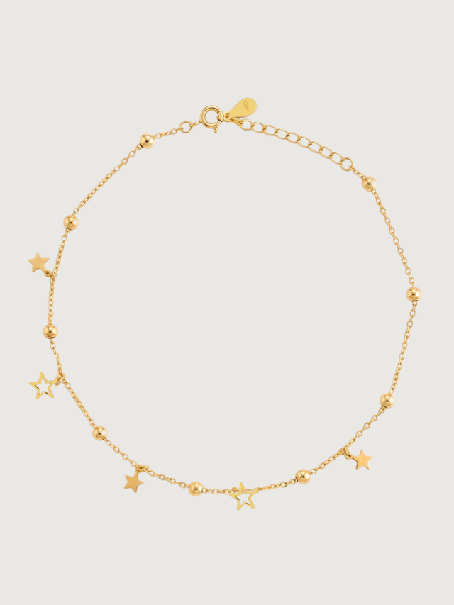 Front View of Stella Star Anklet Comfort Fit 18k Gold Plated 925 Sterling Silver 9 inches 1.9gms
