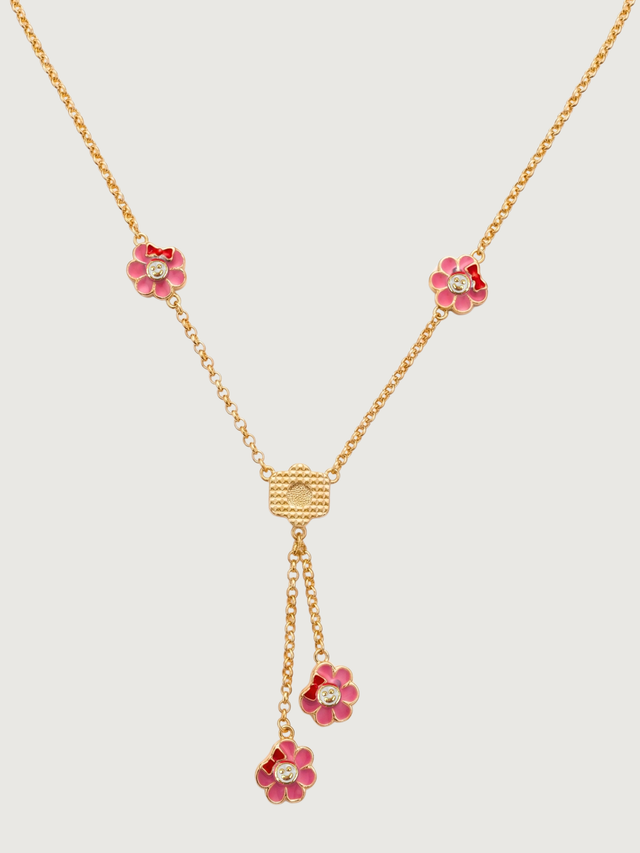 Front View of Little Princess Flower Lariat Necklace Adjustable Length 18k Gold Plated 925 Sterling Silver 16 inches 7.7gms