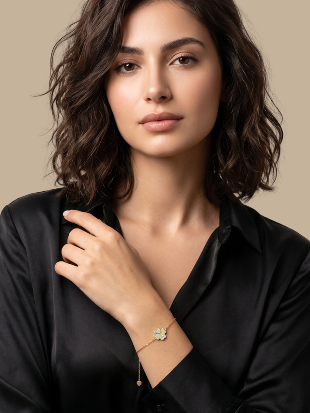 Alternate View of Model Wearing Cara Clover Bracelet Adjustable Length 18k Gold Plated 925 Sterling Silver One Size 2.2gms