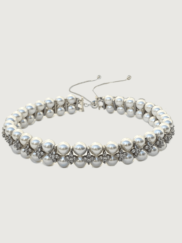 Front View of Amelia Pearl Choker Necklace Adjustable Length 925 Sterling Silver Metal Stone One Size 82.9gms