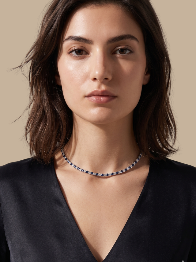 Model Wearing Vivienne Tennis Necklace Comfort Fit Rhodium Plated Brass 16 inches 30.3gms Mix Metal