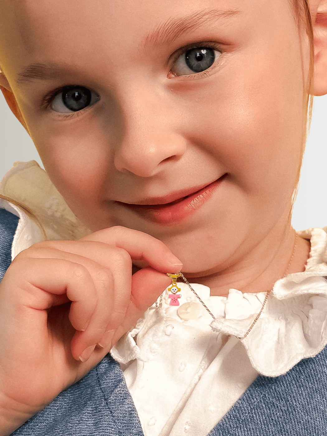 Model Wearing Little Princess Dolly Pendant Necklace and Dangle Earrings in 18K Gold Plated Sterling Silver Adjustable Length 18k 925 Metal 14 inches 6.3gms