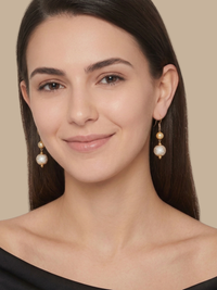 Model Wearing Lara Pearl Dangle Earrings Jewelry for Pierced Ears 18k Gold Plated 925 Sterling Silver One Size 8gms