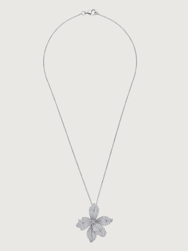 Rear View of Orchid Bloom Brooch Pendant in Rhodium-Plated Metal Comfort Fit 925 Sterling Silver Chain Rhodium Plated Brass One Size