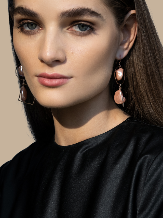 Model Wearing Mariah Dangle Earrings Jewelry for Pierced Ears 18k Rose Gold Plated 925 Sterling Silver One Size 8gms