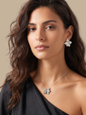 Alternate View of Model Wearing Orchid Bloom Pendant Necklace Comfort Fit 925 Sterling Silver Chain Rhodium Plated Brass One Size 5.8gms