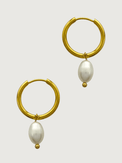Rear View of Jenna Pearl Hoop Earrings in 18k Gold-Plated Metal Jewelry for Pierced Ears Gold Plated Steel | Hypoallergenic Tarnish Resistant Sweat Water Stone Eco - Friendly One Size 3.2gms