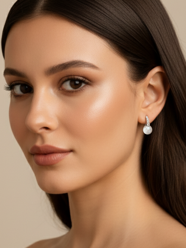 Model Wearing Bianca Pearl Huggie Hoop Earrings in 925 Sterling Silver Jewelry for Pierced Ears Metal Stone 2 cm 2.4gms