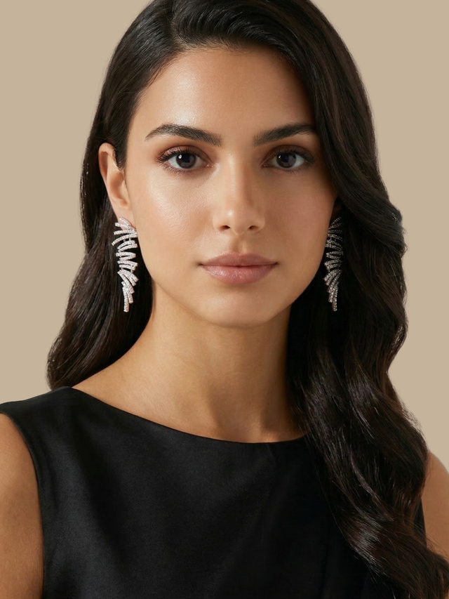 Alternate View of Model Wearing Ayla Chandelier Earrings Jewelry for Pierced Ears Rhodium Plated Copper 925 Sterling Silver One Size 18gms