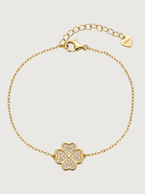 Front View of Cara Clover Bracelet in 18k Gold Sterling Silver Adjustable Length Plated 925 One Size 2.2gms