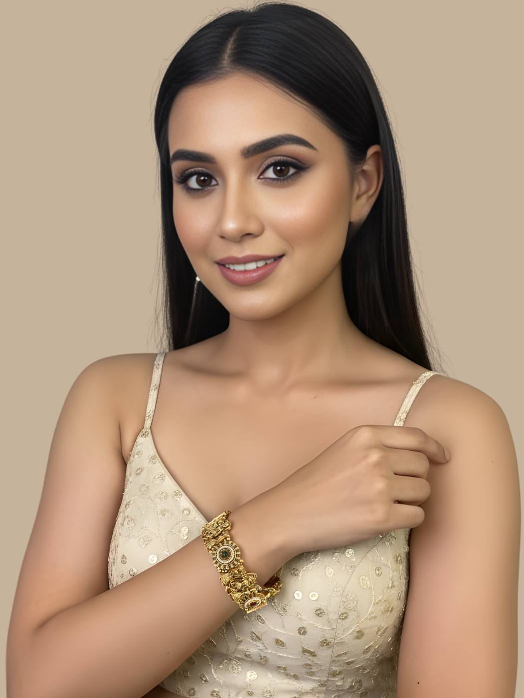 Model Wearing Sania Bangle in Gold Plated Metal Comfort Fit Brass One Size 36gms Copper