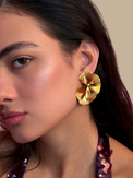 Model Wearing Megan Spiral statement Earrings in 18K Gold Plated Metal Jewelry for Pierced Ears 18k Steel | Hypoallergenic Tarnish Resistant Sweat Water Eco - Friendly One Size 11.3gms Stainless