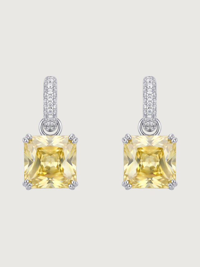 Front View of Valery Yellow Drop Huggie Hoop Earrings in Rhodium Plated Metal Jewelry for Pierced Ears Brass 2.5 cm 9.5gms