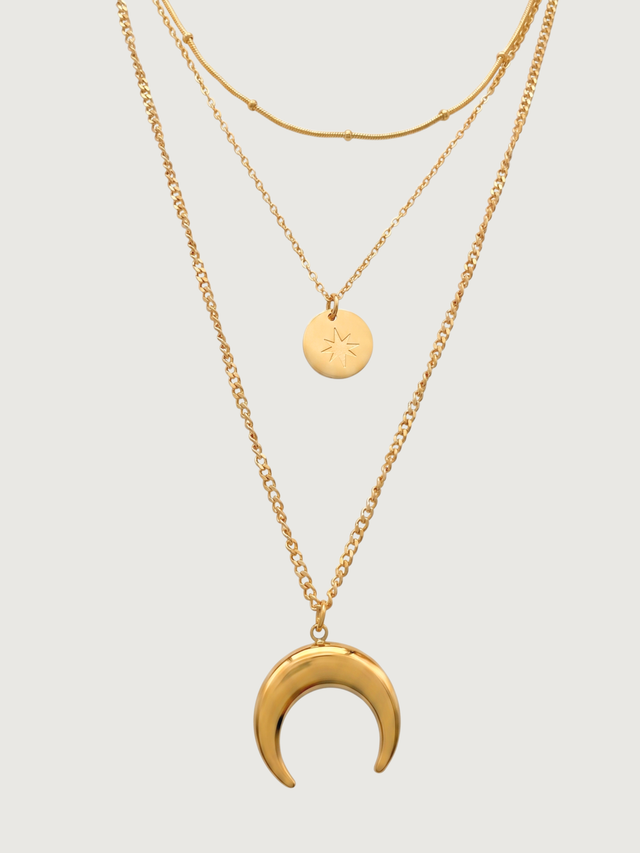 Front View of Laira Layered Necklace Fixed Length 18k Gold Plated Steel | Hypoallergenic Tarnish Resistant Sweat Water Eco - Friendly One Size 9.8gms Stainless
