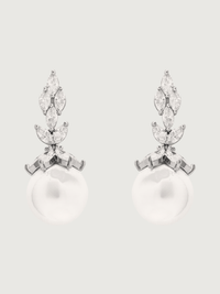 Front View of Rania Pearl Dangle Earrings Jewelry for Pierced Ears Post / Pin & Push in 925 Sterling Silver Stamp Marked Plated Brass Metal 4 cm 11gms