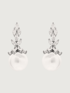 Front View of Rania Pearl Dangle Earrings Jewelry for Pierced Ears Post / Pin & Push in 925 Sterling Silver Stamp Marked Plated Brass Metal 4 cm 11gms