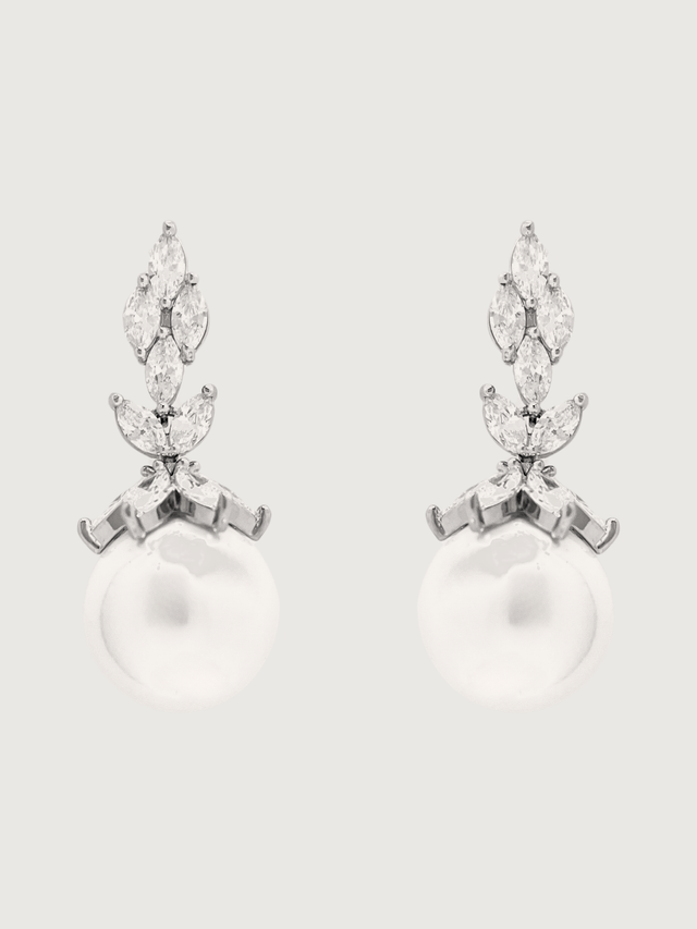 Front View of Rania Pearl Dangle Earrings Jewelry for Pierced Ears Post / Pin & Push in 925 Sterling Silver Stamp Marked Plated Brass Metal 4 cm 11gms