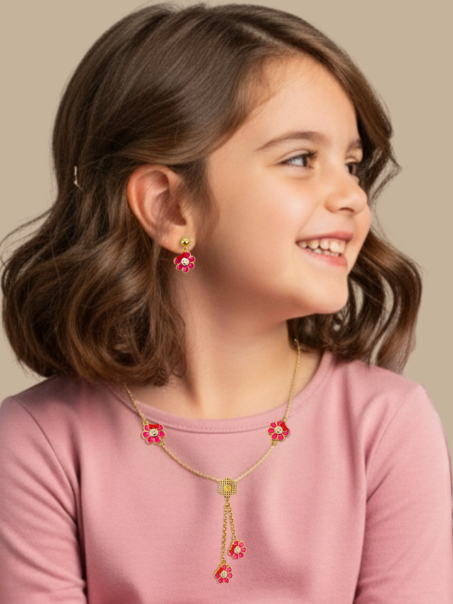 Alternate View of Model Wearing Little Princess Flower Lariat Necklace Adjustable Length 18k Gold Plated 925 Sterling Silver 16 inches 7.7gms