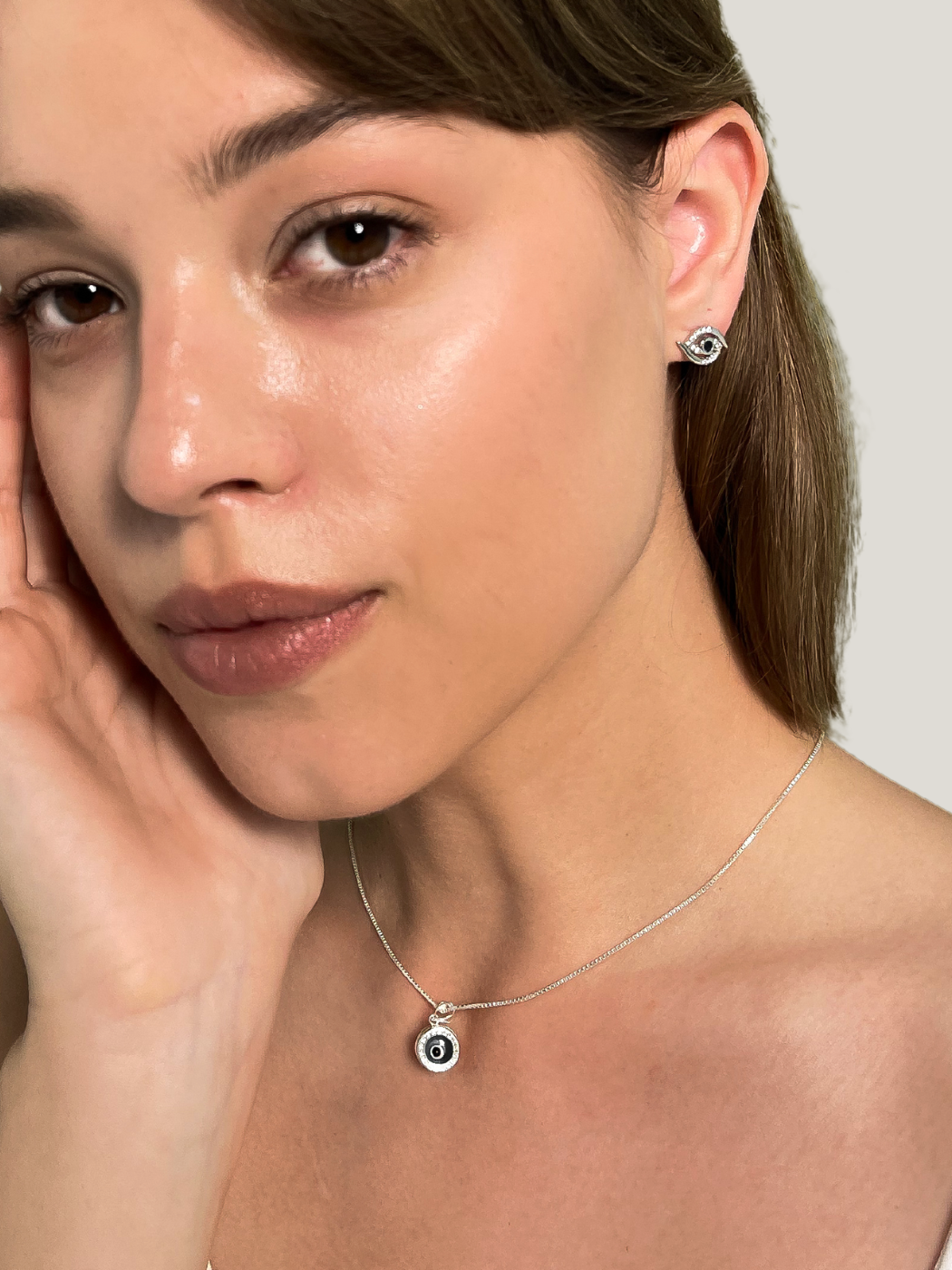 Alternate View of Model Wearing Aria's Silver Mini Evil Eye Stud Earrings in Sterling Jewelry for Pierced Ears 925 Metal Stone One Size 2.1gms