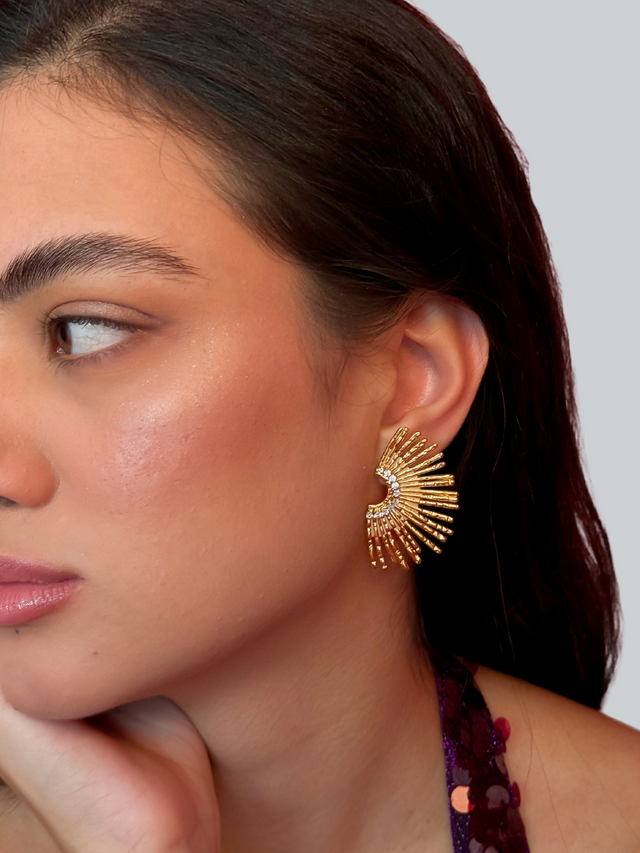 Ariana Fan Stud Earrings in 18K Gold-Plated Metal Jewelry for Pierced Ears 18k Gold Plated Steel | Hypoallergenic Tarnish Resistant Sweat Water Stone Eco - Friendly One Size 9.5gms Stainless