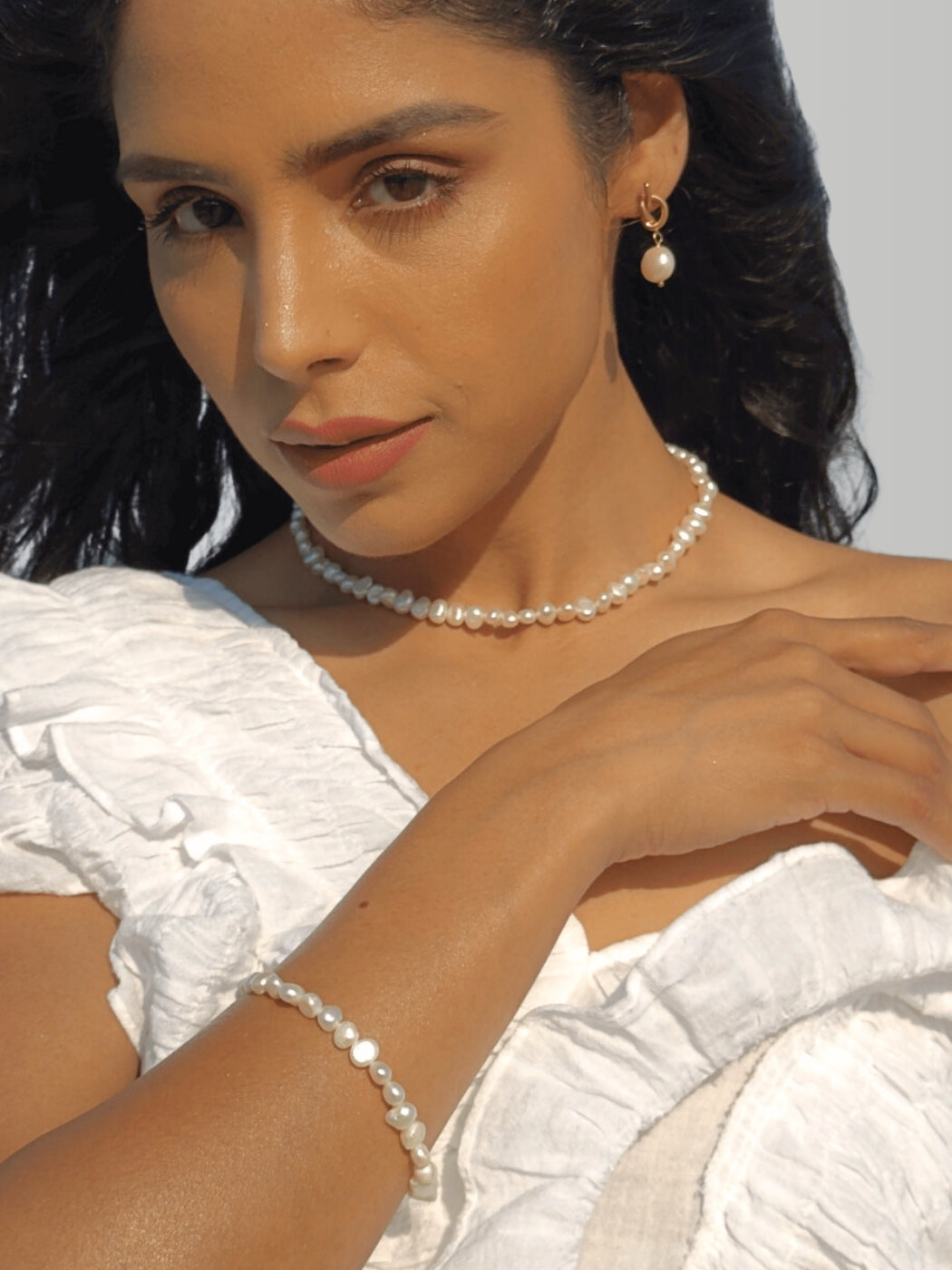 Alternate View of Model Wearing Ariel Keshi Pearl Necklace in 925 Sterling Silver Adjustable Length Metal Stone One Size 16.7gms