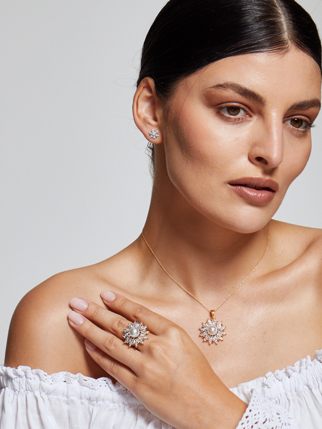 Model Wearing Arya Ring in 18k Gold Plated Sterling Silver Regular 925 Metal Stone 7 mm 8gms